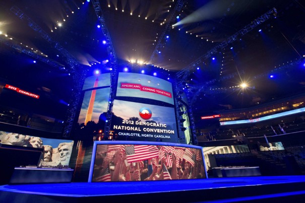 General view of the convention stage during an open house for the public to view the venue for the Democratic National Convention at Time Warner Cable arena in Charlotte