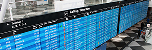 A videowall of 72 screens reports the status of flights at Munich Airport