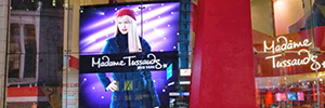 A large Led screen promotes the Madame Tussauds museum in New York