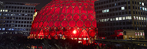 Al Wasl's dome lit up red for the arrival of the Hope probe on Mars